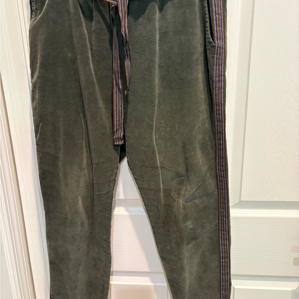 Visvim Olive Green Corduroy Drawstring Pants with Striped Trim
